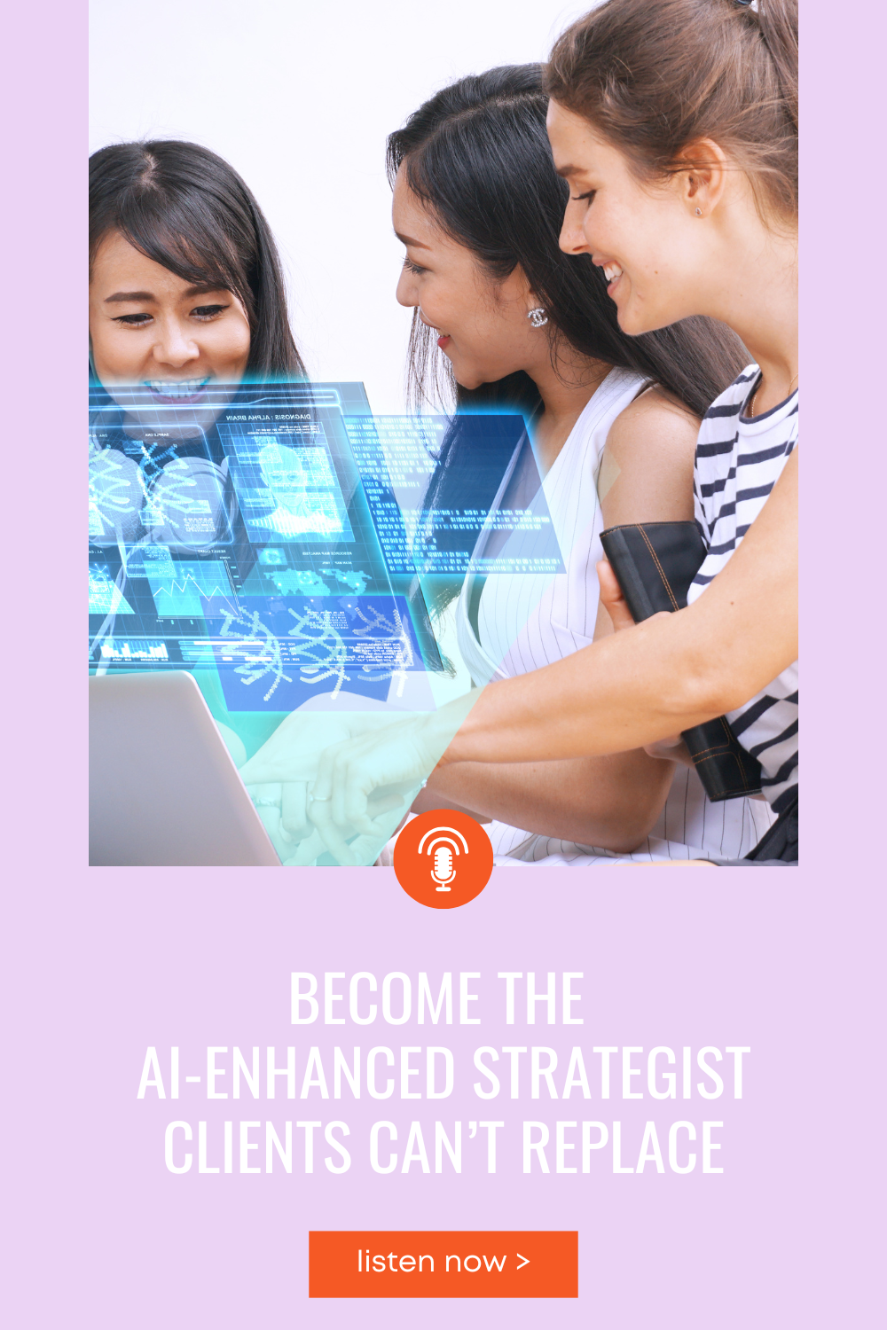3 women gathered around computer screen representing AI