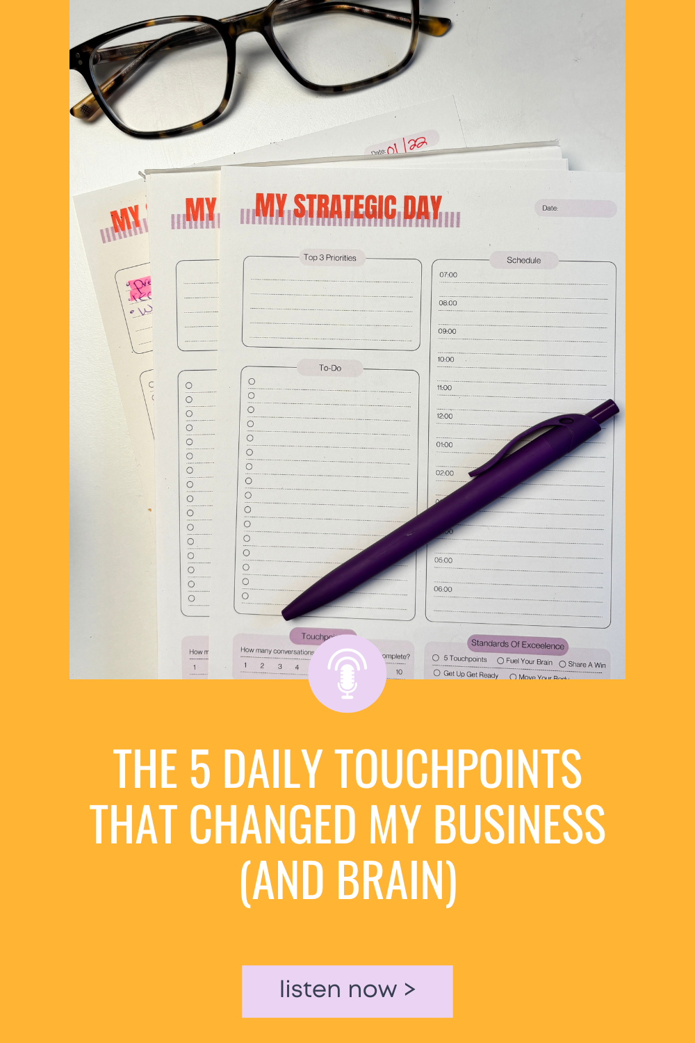 My Strategic Day notebook posed with glasses and pen on desk